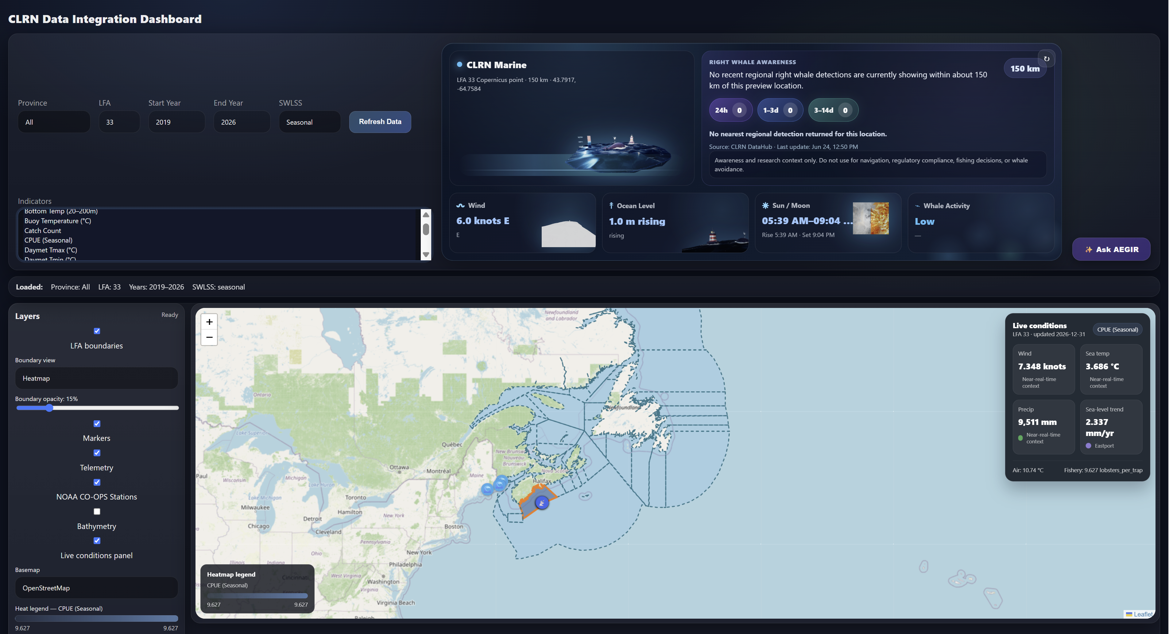 Fisheries data integration dashboard showing filters, live conditions, map layers, and indicator panels.
