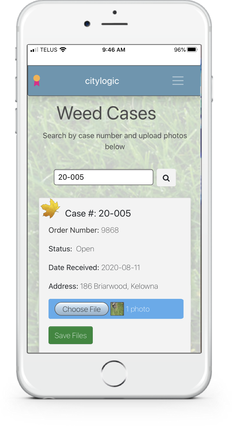 CityLogic mobile bylaw officer prototype showing a case lookup, case details, status, address, photo upload, and save action.