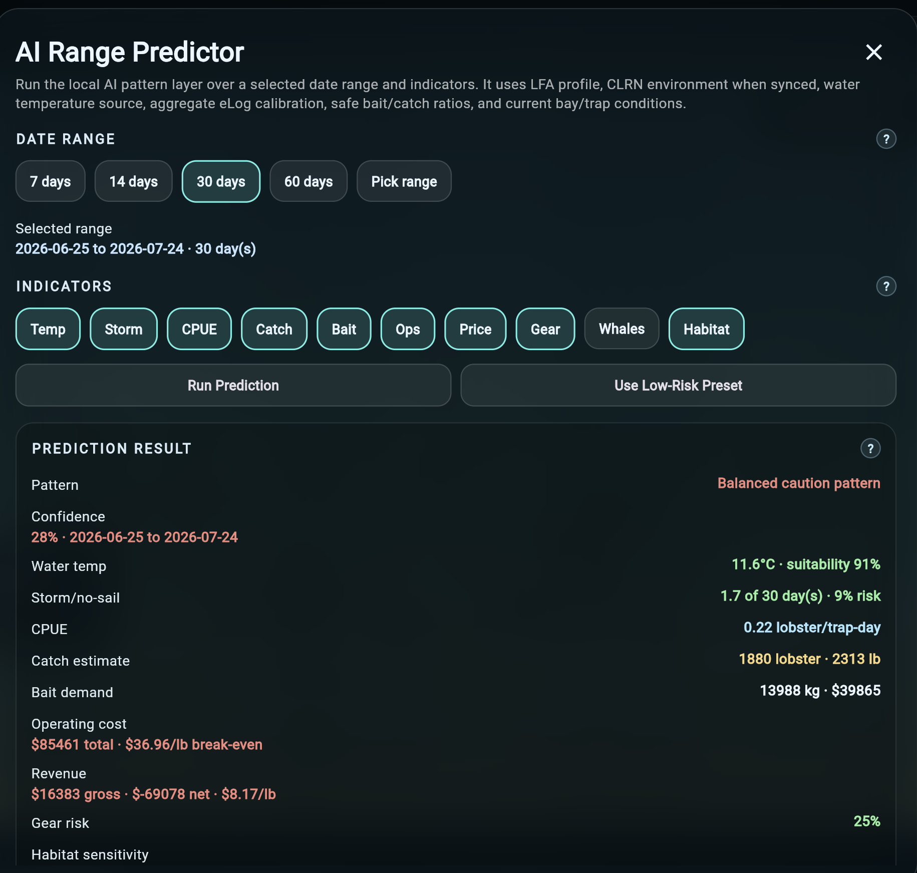 Tide Architect AI interface showing a marine intelligence prompt, operational context, and source-backed response.
