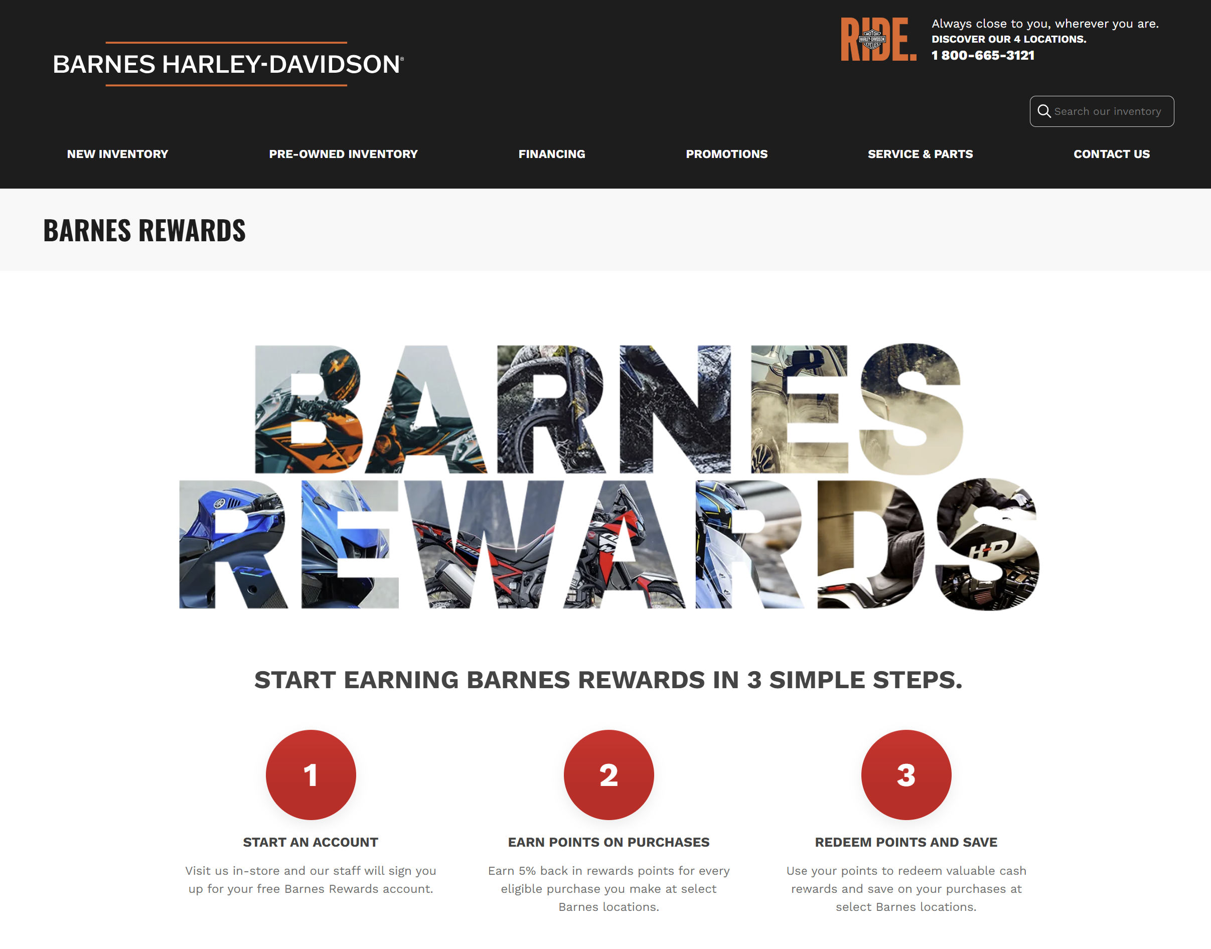 Dealership rewards page showing account sign-in, points, rewards, and campaign content.