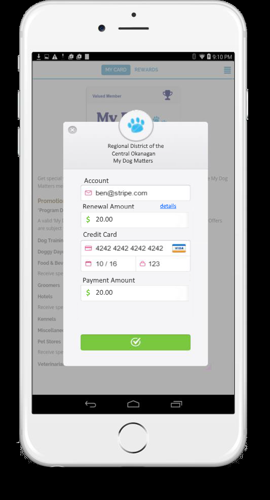 My Dog Matters mobile licence renewal payment screen.