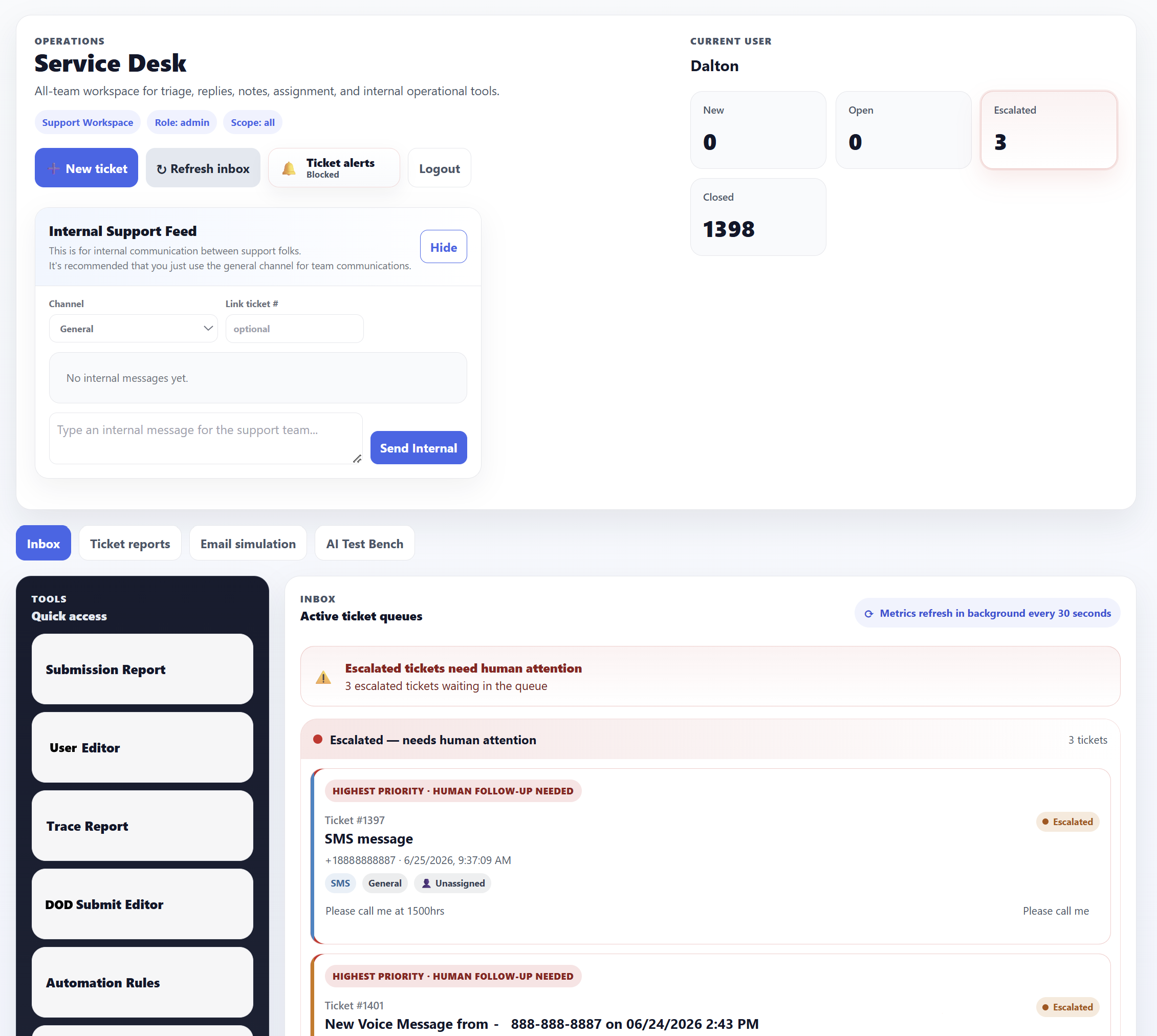 Service Desk dashboard showing escalated ticket queues, operational metrics, quick access tools, and support workflow reporting.